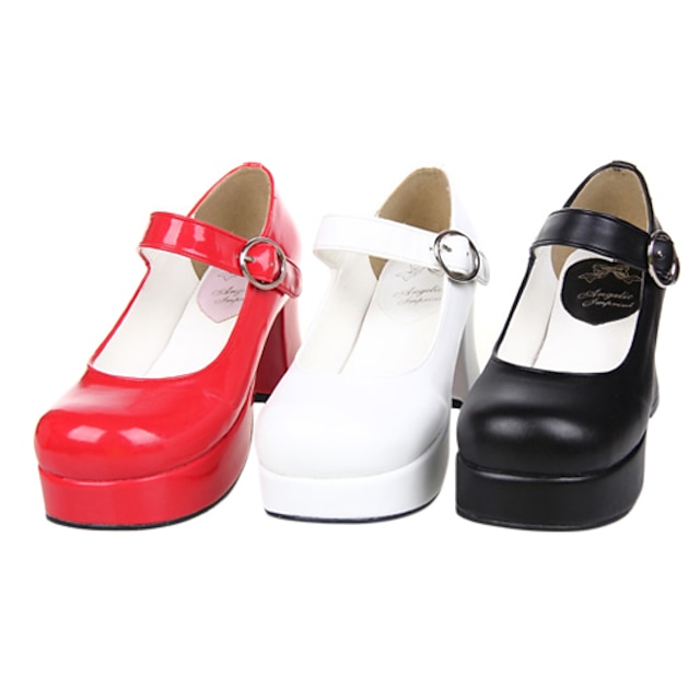  Mulheres Para Meninas Sapatos Lolita Clássica Confeccionada à Mão Salto Alto Sapatos Cor Sólida Vermelho Couro PU / Couro de Poliuretano 7.5 cm