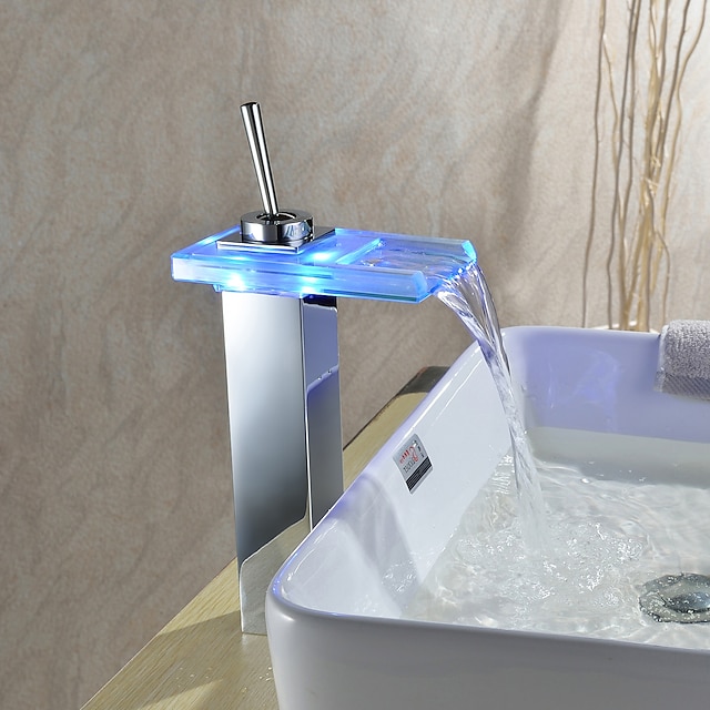 Torneira de Pia de Banheiro Sprinkle® com LED Multi Cores (Cascata, Acabamento Cromado)