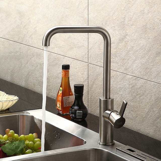  One Hole Brushed Standard Spout Contemporary Kitchen Taps / Stainless Steel