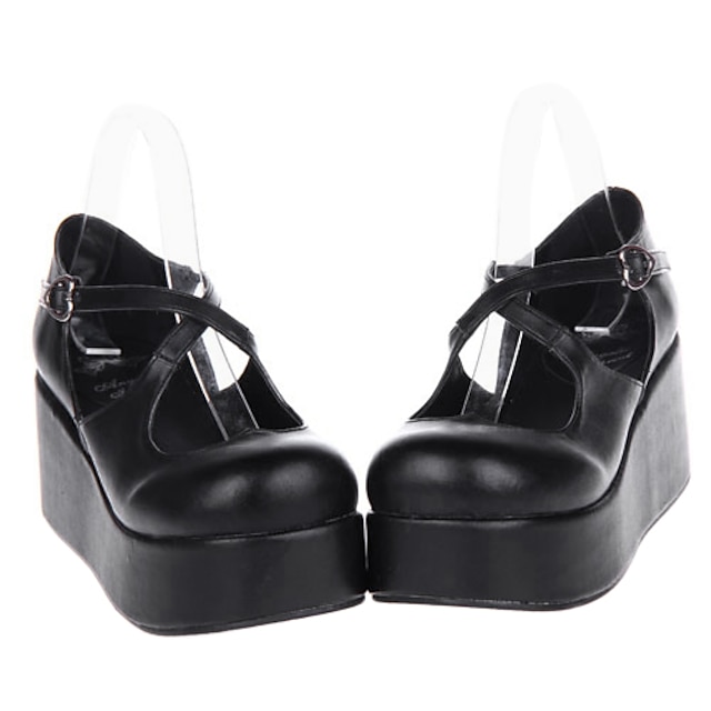  Χειροποίητα Μαύρου Σταυρού Belt PU Leather 6 εκατοστά Σφήνα Classic παπούτσια Lolita