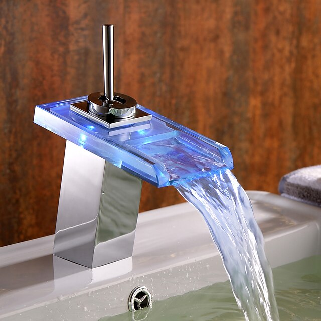  Bathroom Sink Faucet - Waterfall / LED Chrome Centerset One Hole / Single Handle One HoleBath Taps / Brass