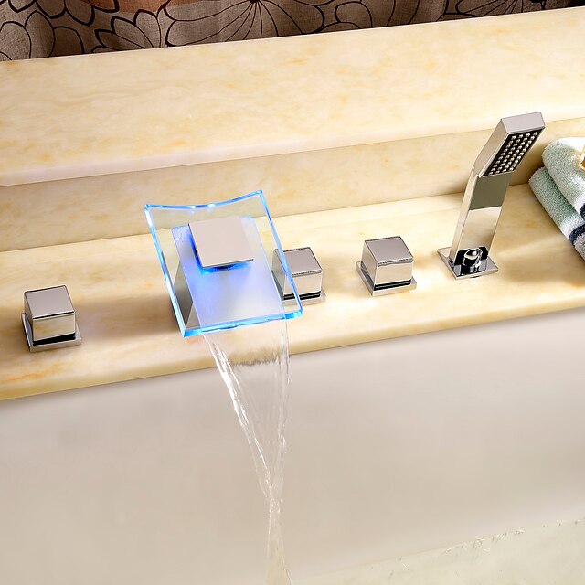  Bathtub Faucet - Contemporary Chrome Roman Tub Ceramic Valve Bath Shower Mixer Taps / Brass / Two Handles Five Holes