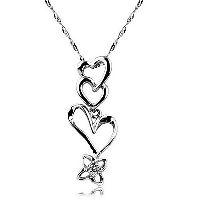  Elegant S925 Sterling Silver Heart-to-Heart Style Zircon Pendant Necklace 
