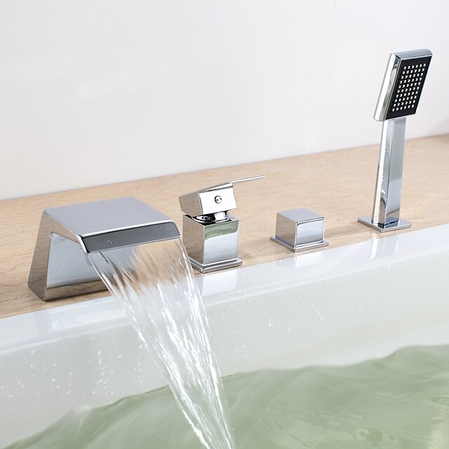  Robinet de baignoire - contemporain Chrome Baignoire romaine Soupape céramique Bath Shower Mixer Taps / Deux poignées quatre trous