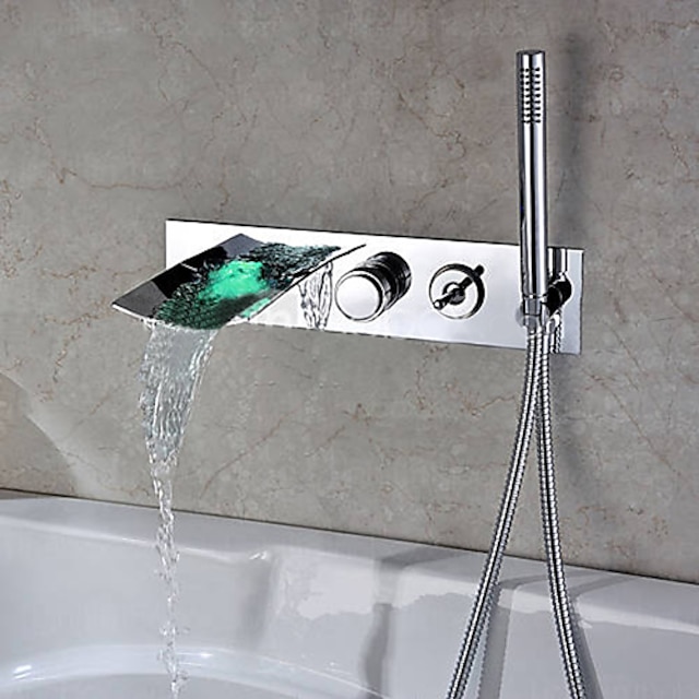  Bathtub Faucet - Contemporary Chrome Wall Mounted Ceramic Valve Bath Shower Mixer Taps / LED / Handshower Included / Waterfall / Zinc Alloy / Stainless Steel