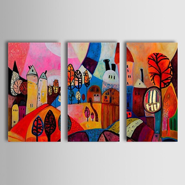  ręcznie malowany abstrakcyjny obraz olejny cieszyć się wioską szczęśliwe życie sztuka abstrakcyjna trzy panele rozciągnięte płótno z rozciągniętą ramą