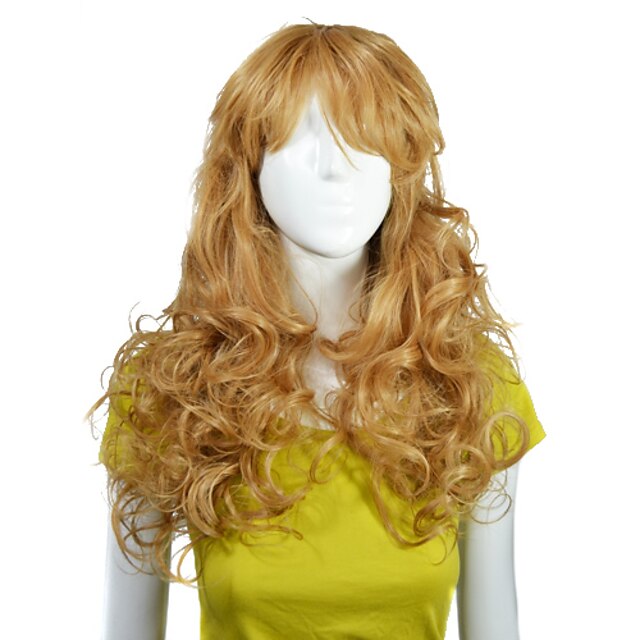  Sin tapón sintético de alta calidad a largo ondulado rubio de oro de Fashional pelucas de pelo