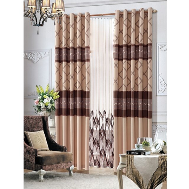  Two Panels  Country Floral Beige Lined Curtain With Sheer Set  