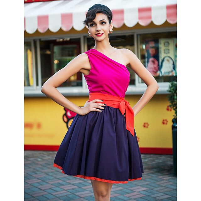  Going out Vintage Cute Skater Above Knee Dress, Color Block Pleated One Shoulder Sleeveless