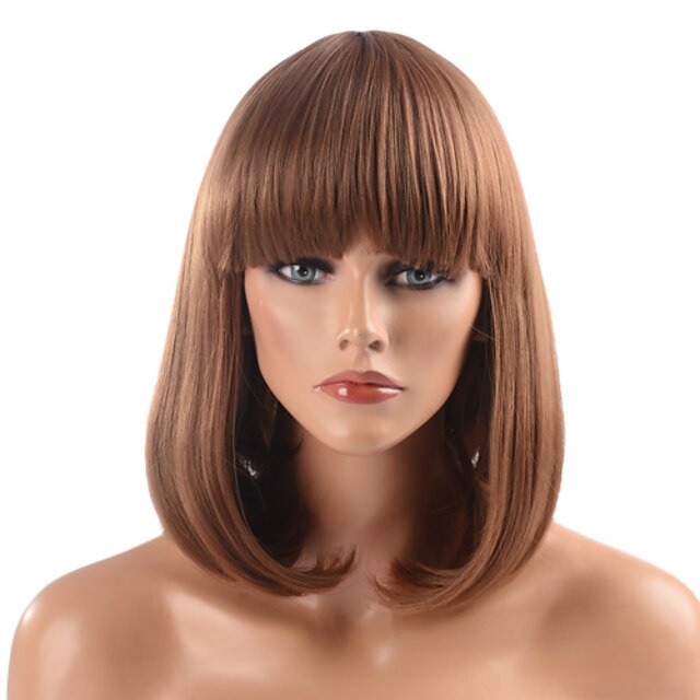  Perruque Synthétique Ondulation naturelle Droite Bob Coupe Carré Coupe Dégradée Full Lace Perruque Moyen Cheveux Synthétiques Femme Jet pluie Marron