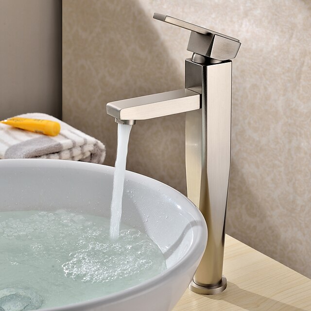  Contemporary Vessel Ceramic Valve One Hole Single Handle One Hole Nickel Brushed, Bathroom Sink Faucet