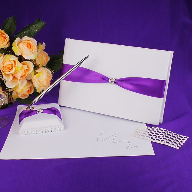  Guest Book / Pen Set Satin / Polyester With Ribbons Guest Book