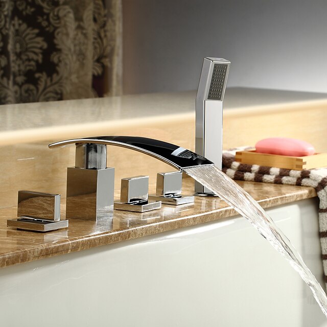  Badekarshaner - Moderne Krom Romersk Kar Keramik Ventil Bath Shower Mixer Taps / Messing / Tre Håndtag fem huller