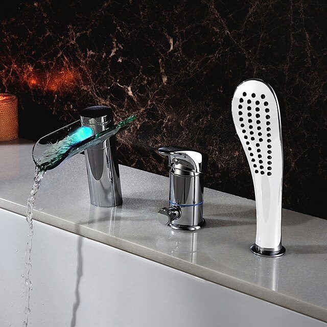  Bathroom Sink Faucet - Waterfall / LED Chrome Widespread Three Holes / Single Handle Three Holes