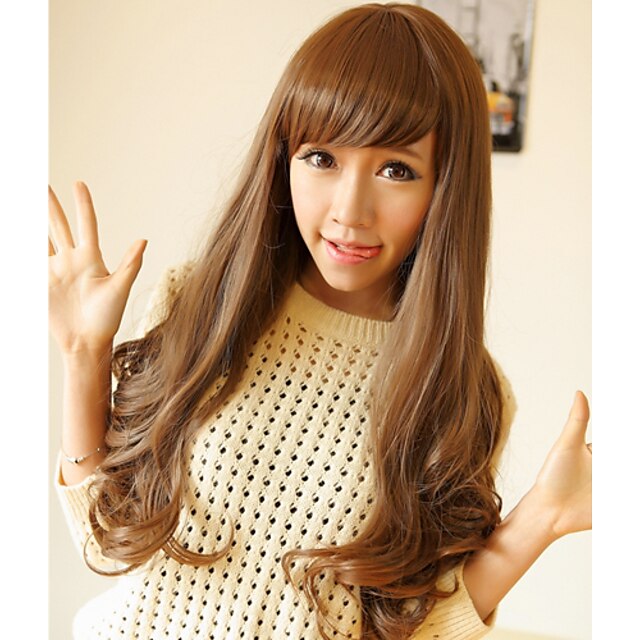  Capless Long High Quality Synthetic Chestnut Brown Wavy Synthetic Wigs Side Bang