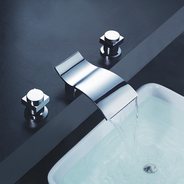  Bateria do umywalki łazienkowej - Wodospad Chrom Szeroko rozstawiona Trzy otwory / Dwa uchwyty Trzy otwory