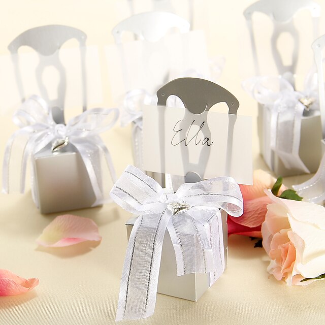  Delicate sedia d'argento di caramella e supporto di carta con arco del organza - set di 12