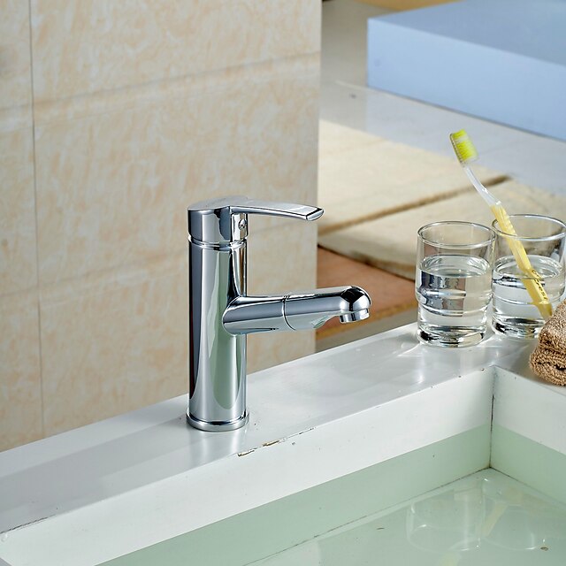  Bathroom Sink Faucet - Pullout Spray Chrome Centerset Single Handle One HoleBath Taps