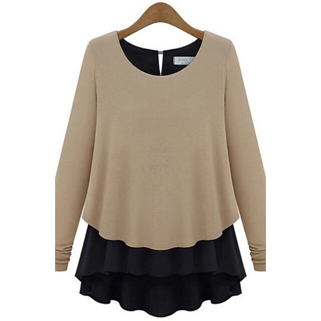  Women's Round Contrast Color Long Sleeve Blouse