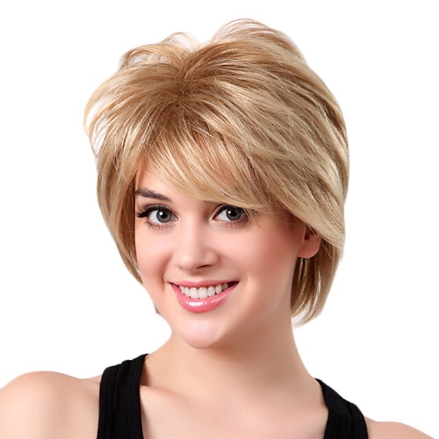  Capless Short High Quality Synthetic Golden Blonde Curly Hair Wig Side Bang