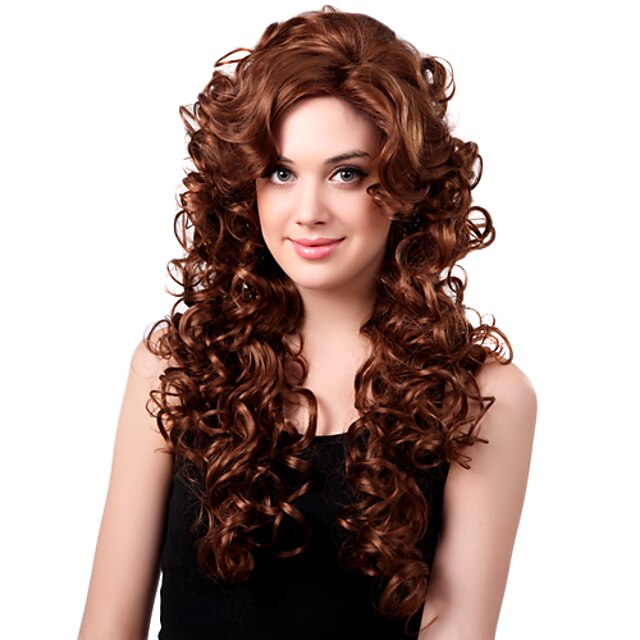  Capless lenge høykvalitets syntetisk Medium Copper Red Curly Hair Parykker Side Bang