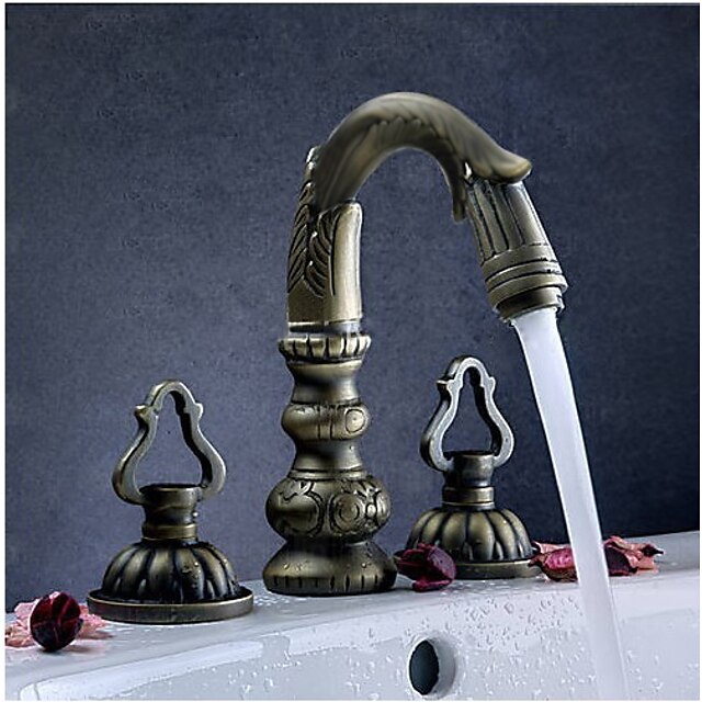  Widespread Two Handles Three Holes in Antique Brass Bathroom Sink Faucet