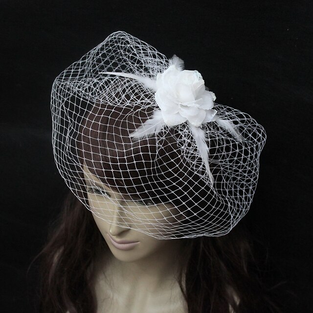  Jedna vrstva Závoje Svatební kloboučky s Peří / Saténové květiny Tyl