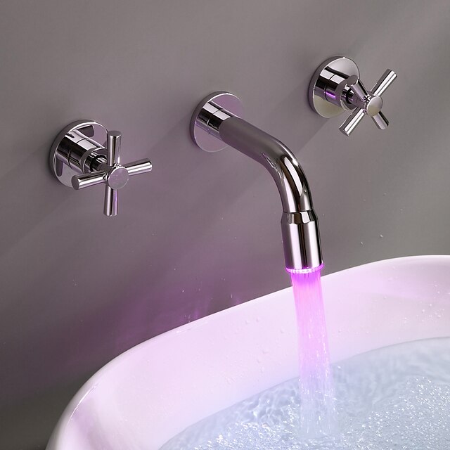  Bathroom Sink Faucet - LED Chrome Wall Mounted Three Holes / Two Handles Three HolesBath Taps