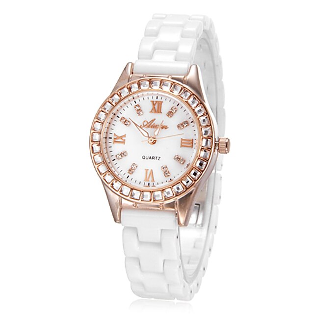  Women‘s Rose Gold Diamante Round Dial Imitation Ceramic Band Quartz Analog Wrist Watch (Small) Cool Watches Unique Watches