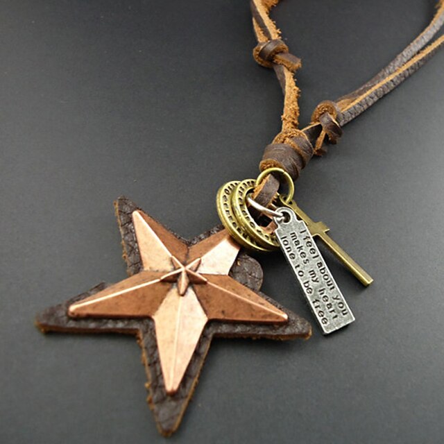  Classic (Star Pendant) Brown Leather Vintage Necklace(Assorted Color) (1 Pc)