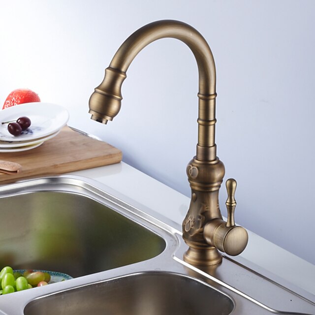  Kitchen faucet - One Hole Antique Brass Tall / ­High Arc Deck Mounted Antique Kitchen Taps / Single Handle One Hole