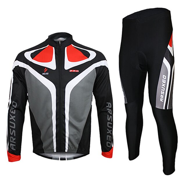  Arsuxeo Men's Long Sleeve Cycling Jersey with Tights Winter Spandex Polyester Black Patchwork Bike Jersey Clothing Suit Thermal Warm Breathable Quick Dry Sports Patchwork Mountain Bike MTB Road Bike