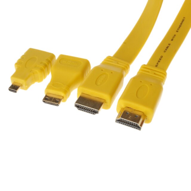  1.5m 5ft hdmi v1.4 hann til hann kabel flat-type gul med hdmi til mini hdmi, hdmi til micro-HDMI-adapter