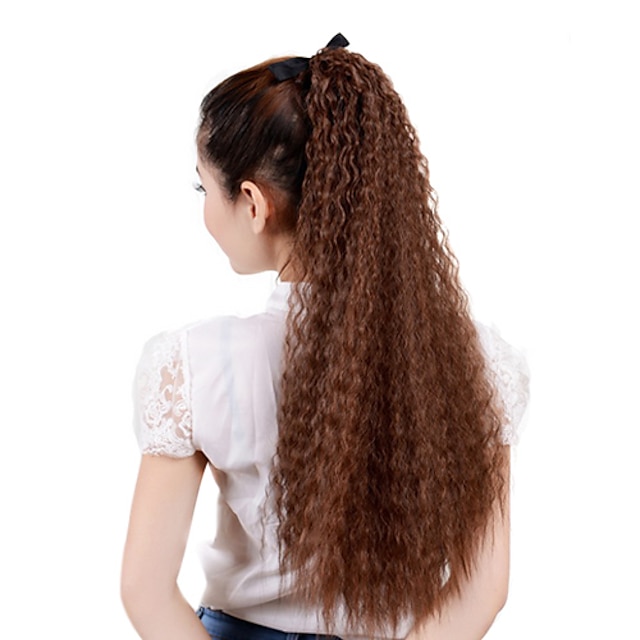  28 Inch Ribbon Tied Synthetic Light Brown Wavy Ponytail Hair Extensions