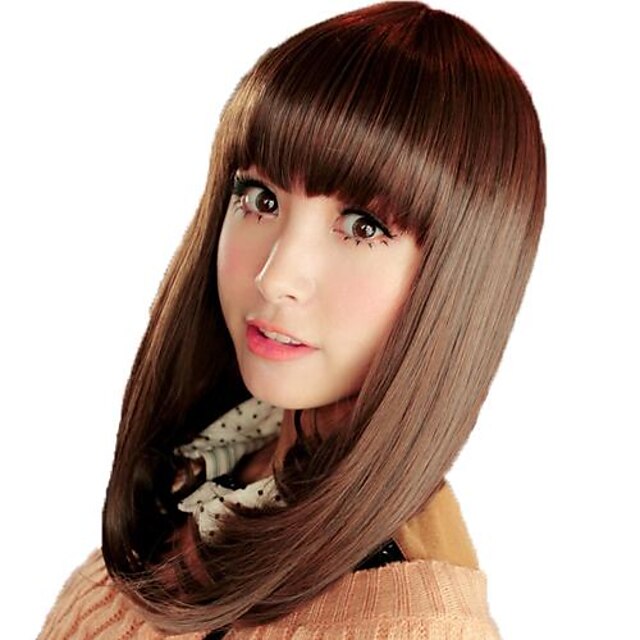  Women Medium Straight Hair Synthetic Full Bang Wigs Heat Resistant Fiber Cheap Cosplay Party Wig Hair