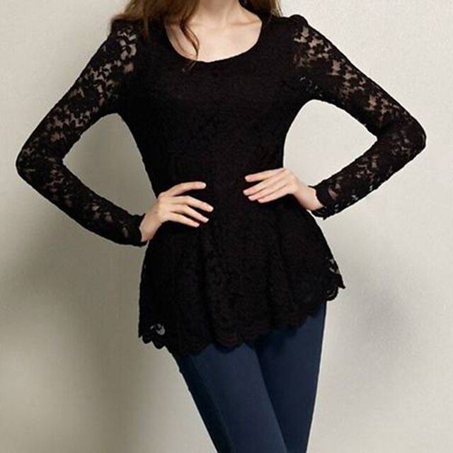  Blouse Patchwork Lace Long Sleeve Tops Almond Black