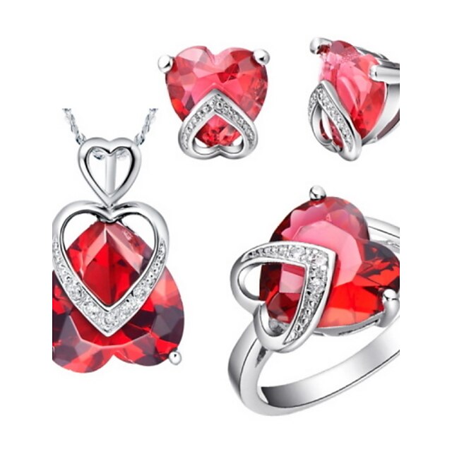  Original försilvrade Cubic Zirconia Hearts Kvinnors Smycken Set (Halsband, örhängen, ring) (Röd, Lila)
