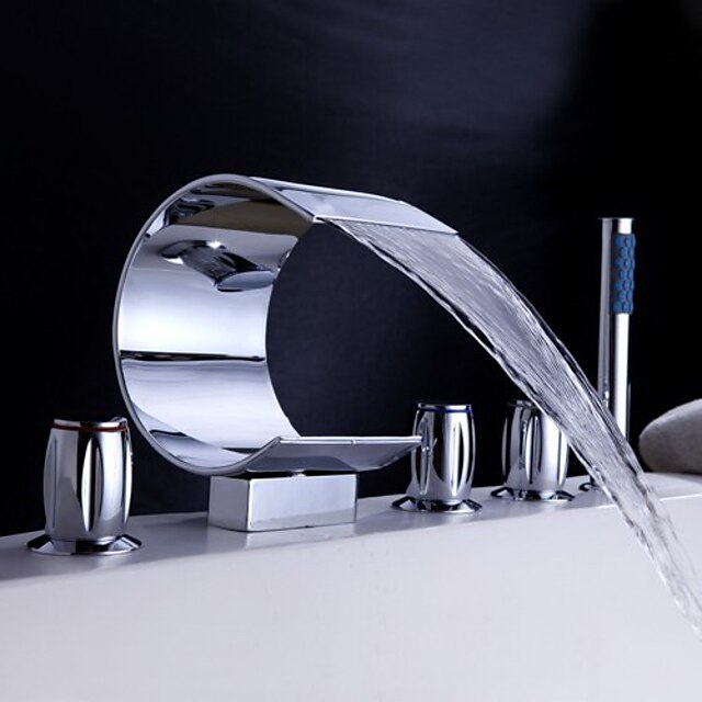  Grifo de bañera - Moderno Cromo Bañera romana Válvula Cerámica Bath Shower Mixer Taps / Sola manija Cinco Agujeros
