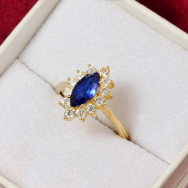  Hög kvalitet Vintage Gold Plated Blue Cubic Zirconia Med Clear Rhinestone olivary Kvinnors ring