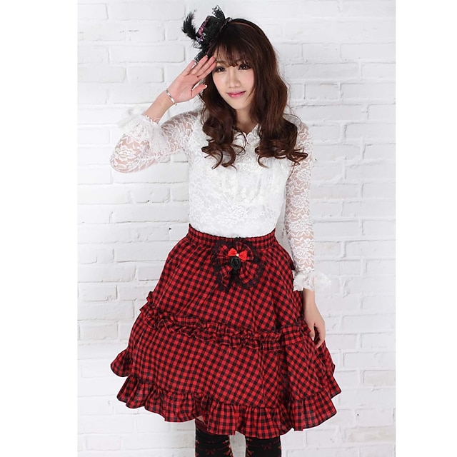  Jupe Gothique / Doux / Lolita Classique/Traditionnelle Elegant Cosplay Vêtements de Lolita Rouge A Carreaux Sans manche Moyen Jupe Pour