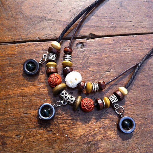  Ethnic Agate With Wood (Round Pendant) Black Fabric Statement Necklace (1 Pc)