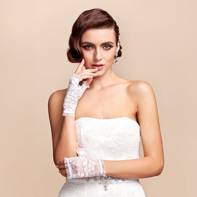  Lace Polyester Cotton Wrist Length Glove Charm Stylish Bridal Gloves With Acrylic Embroidery Solid