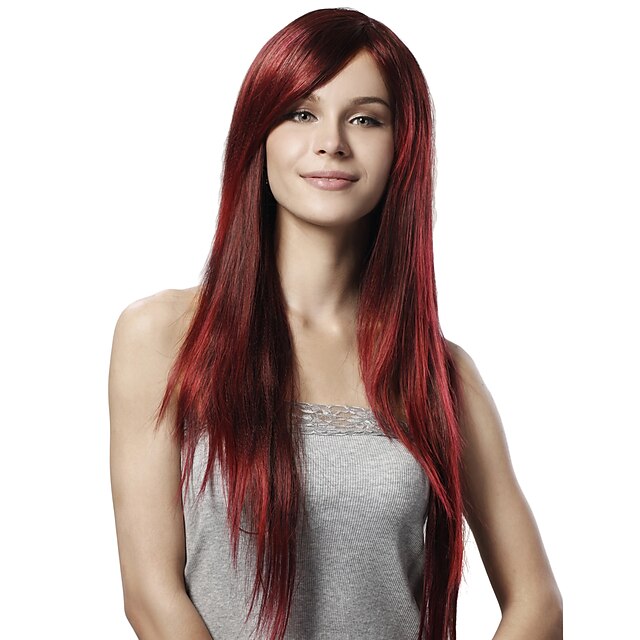  Synthetic Wig Straight Straight With Bangs Wig Shiny Red Brown Synthetic Hair 22 inch Women's Red Brown hairjoy