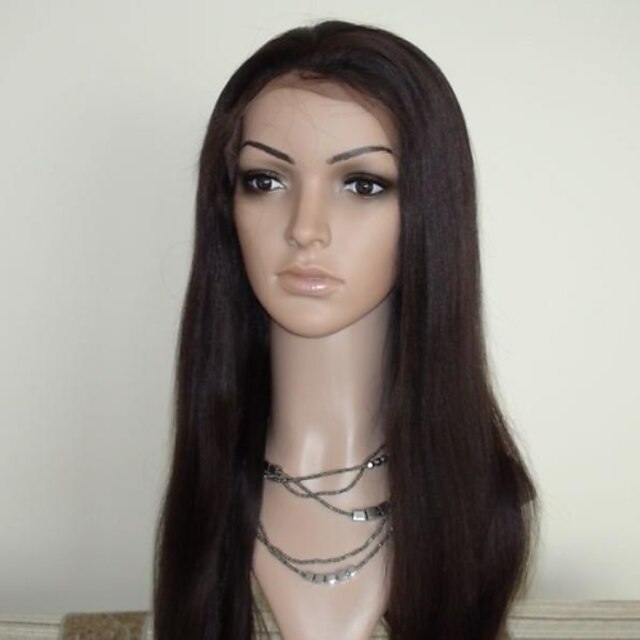  18 Inch Yaki Straight Indian Remy Hair Dark Brown Full Lace Wig 130 Density Baby Hair in Around