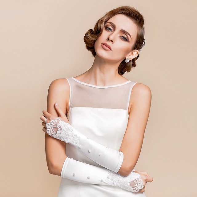  Satin / Lace Elbow Length Fingerless Bridal Gloves With Pearls