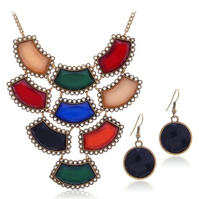  Lureme®Vintage Colorful Resin Geomatric Shape Earrings Necklace Jewelry Set
