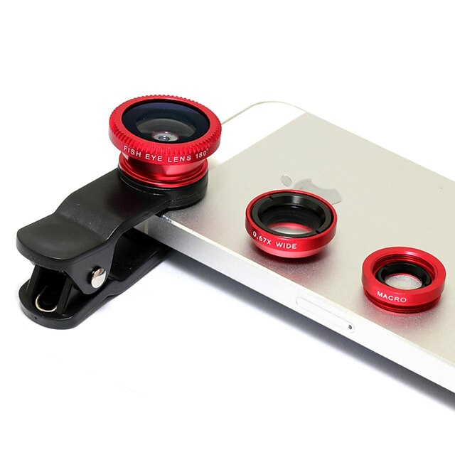   Lens Clip universal Wide Angle + + Fisheye Macro Lens - Red