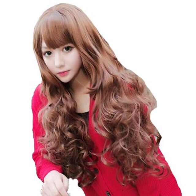  fashion woman capless long wavy honey brown synthetic stylish side bang wigs