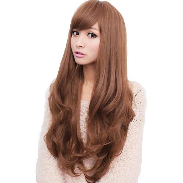  Synthetic Wig Wavy Wavy With Bangs Wig Long Flaxen Light Brown Dark Brown Honey Brown Black Synthetic Hair 21 inch Women's Side Part With Bangs Brown Gray