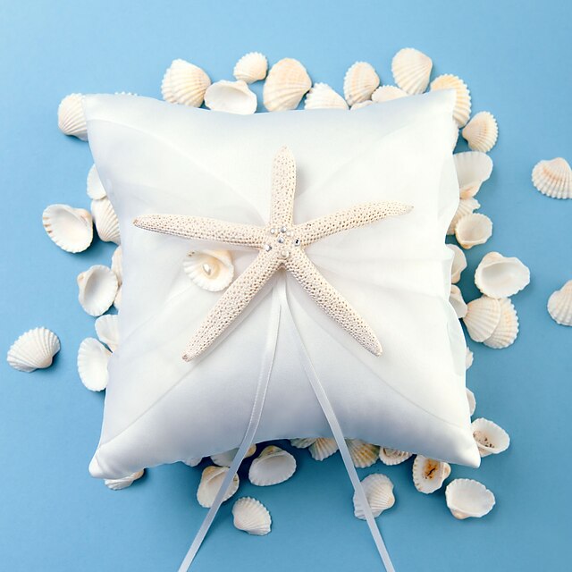  Starfish and Seashell / Ribbons Satin Ring Pillow Beach Theme Spring / Summer / Fall